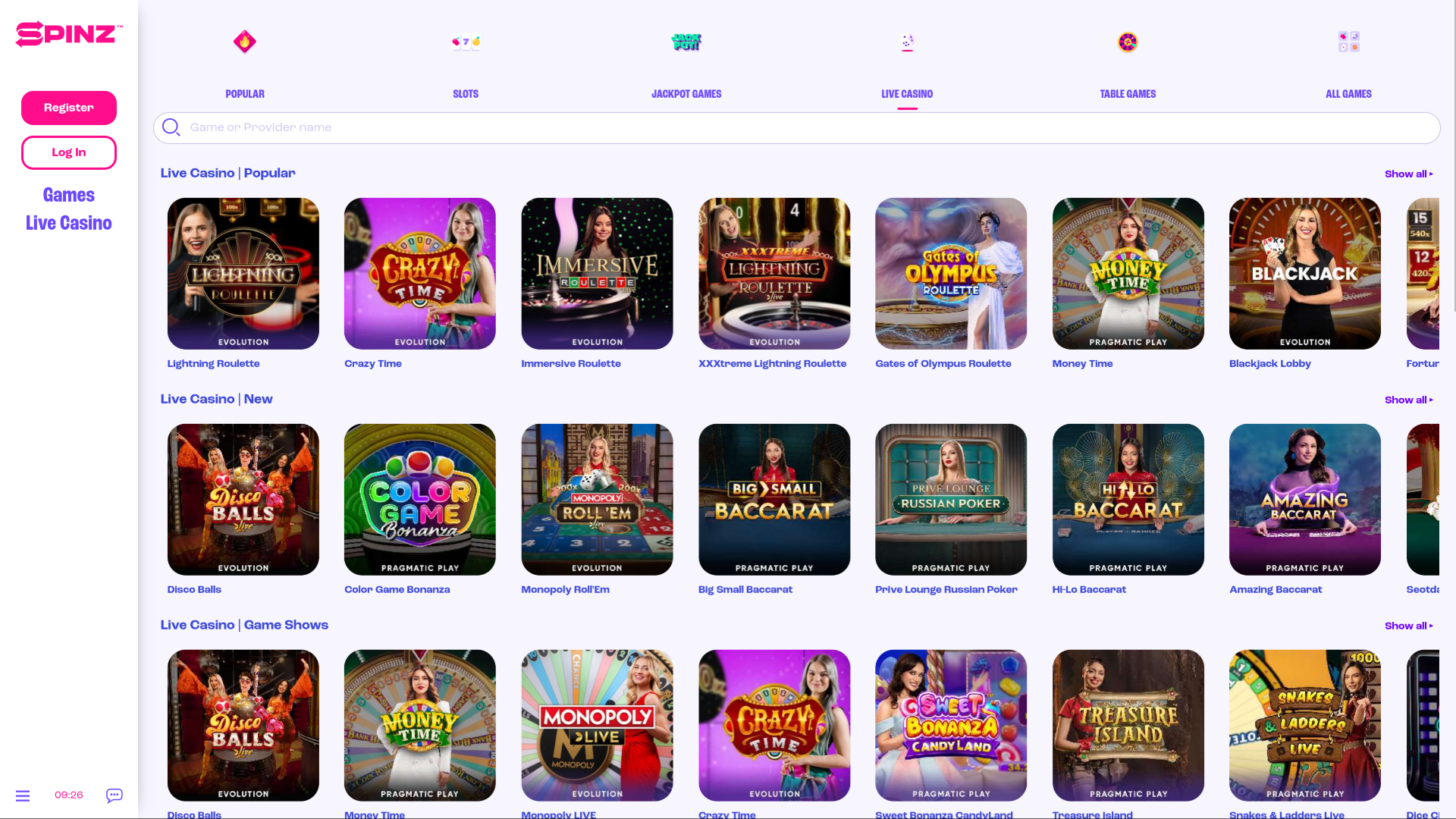 Spinz Casino Desktop Live Dealer