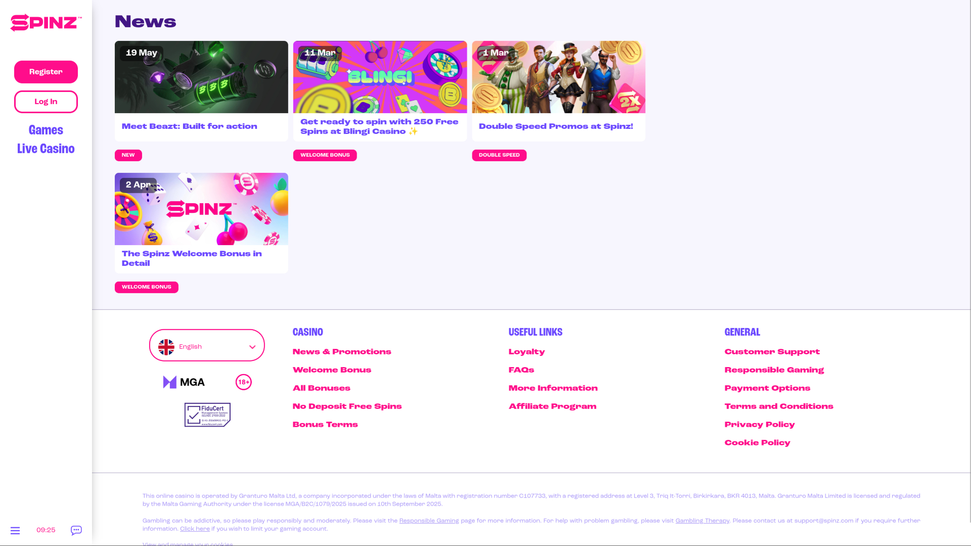 Spinz Casino Desktop Promotions