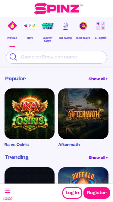 Spinz Casino Mobile Games