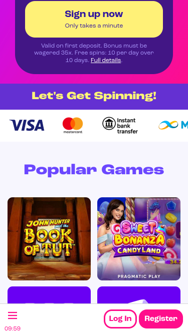 Spinz Casino Mobile Homepage