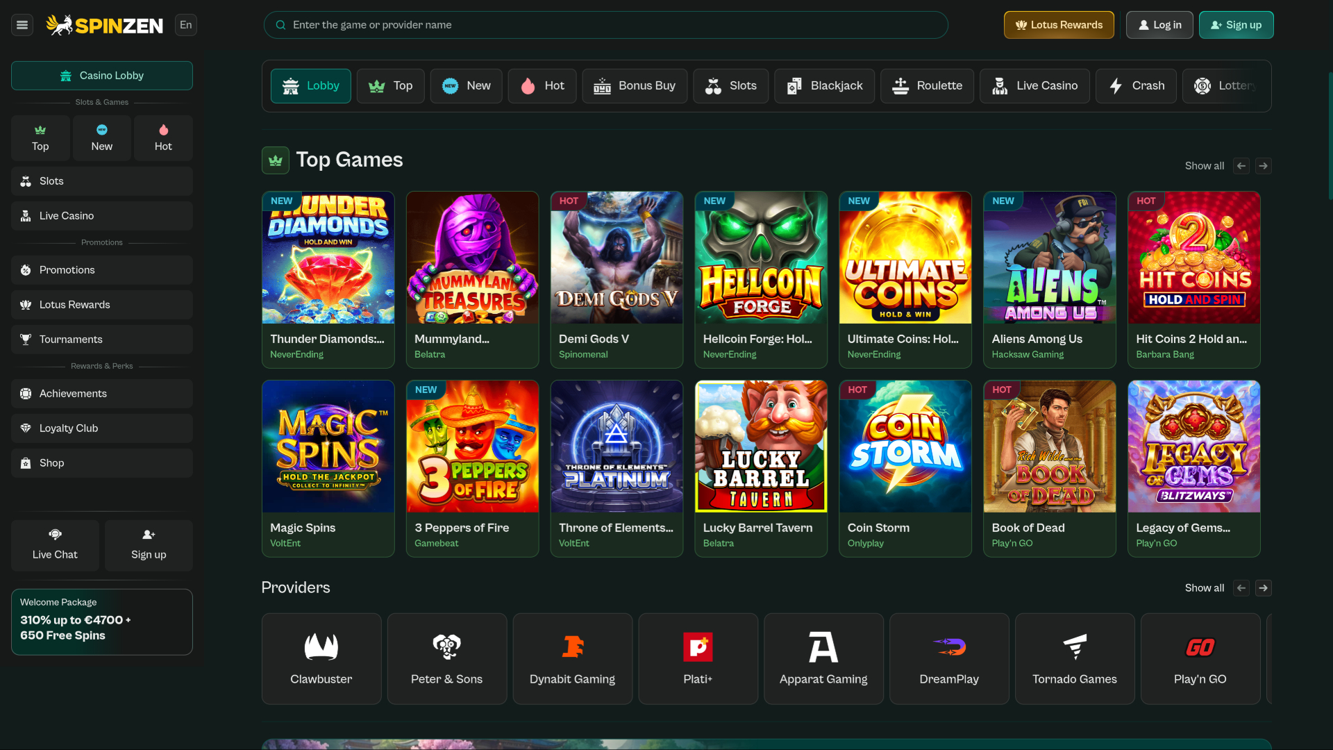 Spinzen Casino Desktop Homepage