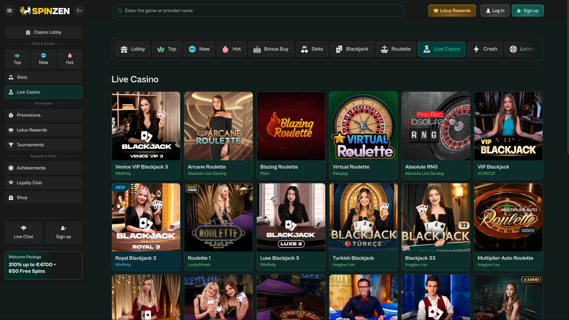 Spinzen Casino Desktop Live Dealer