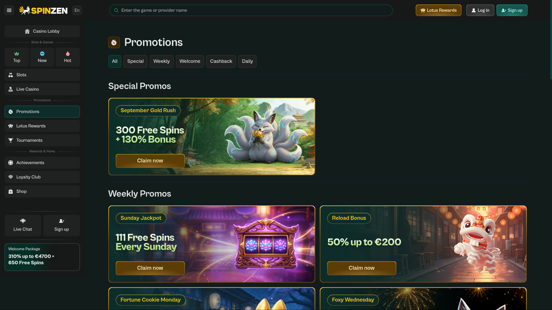 Spinzen Casino Desktop Promotions