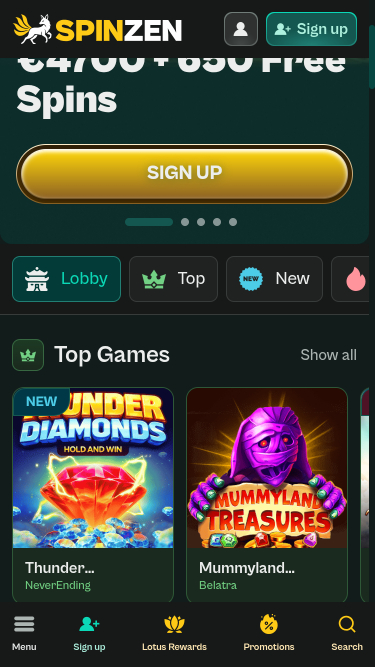 Spinzen Casino Mobile Homepage