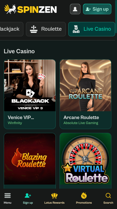 Spinzen Casino Mobile Live Dealer
