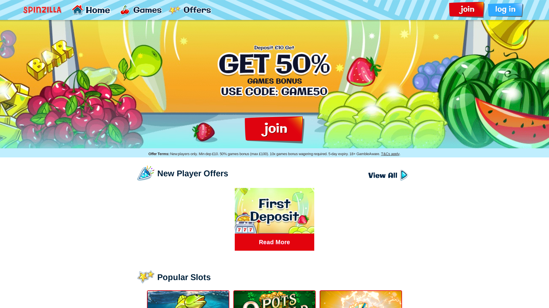 Spinzilla Casino Desktop Homepage