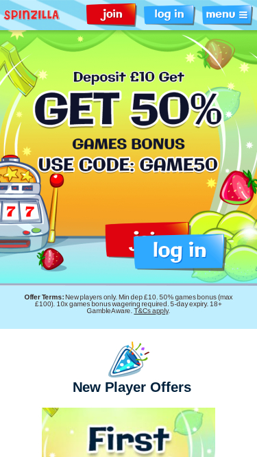 Spinzilla Casino Mobile Homepage