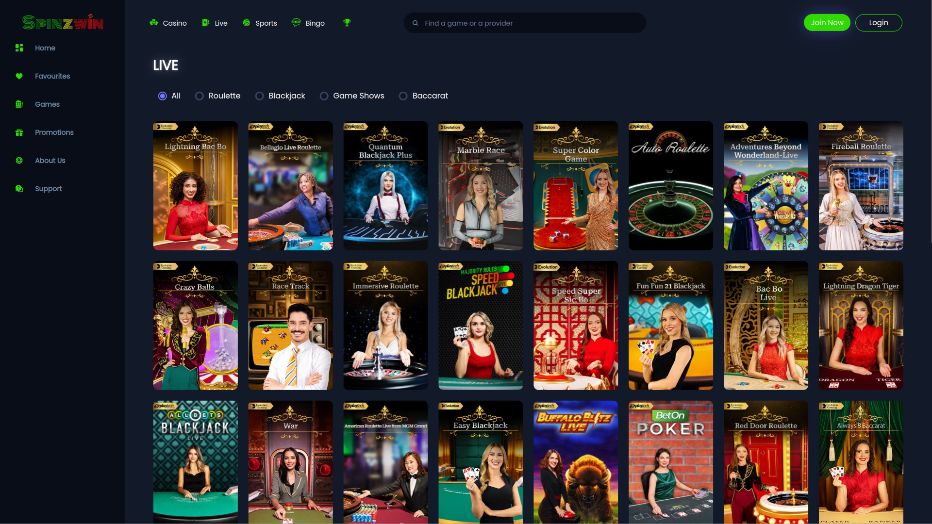 SpinzWin Casino Desktop Live Dealer