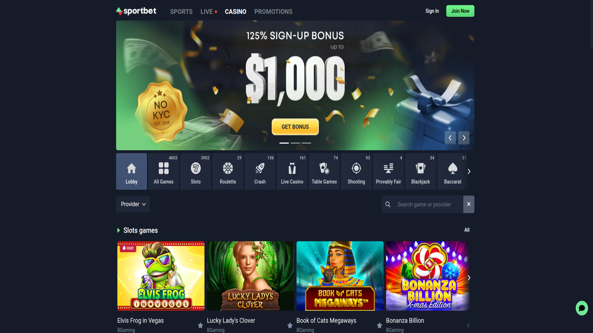 Homepage screenshot of Sportbet Casino for Desktop