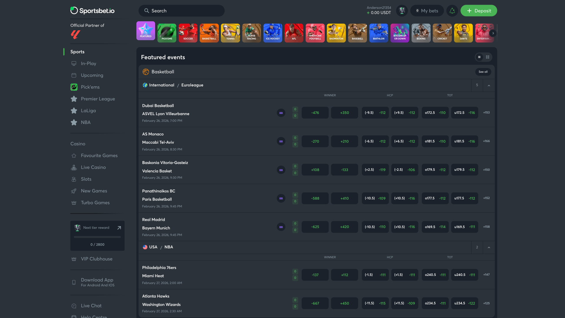 Sportsbet.io Desktop Homepage