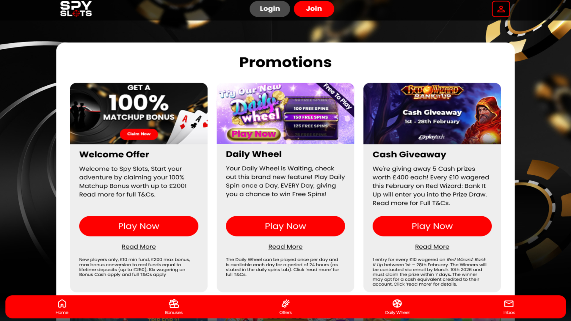 Spy Slots Desktop Promotions