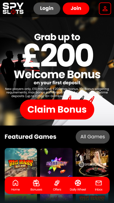 Spy Slots Mobile Homepage
