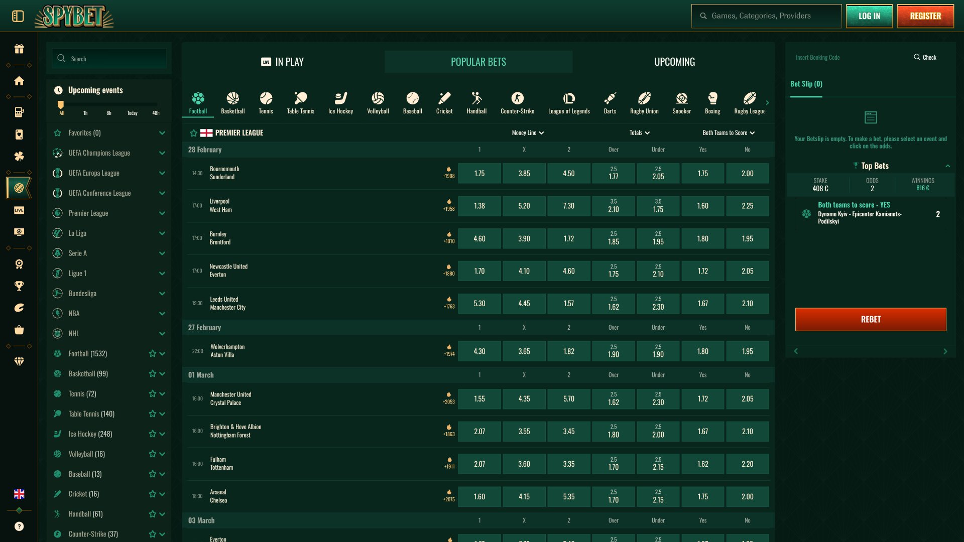 Spybet Casino Desktop Sports
