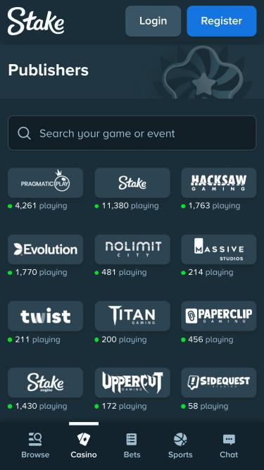 Stake Casino game developers mobile page