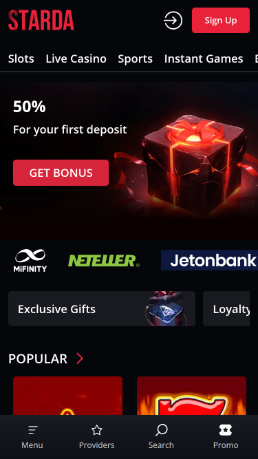 Starda Casino Mobile Homepage