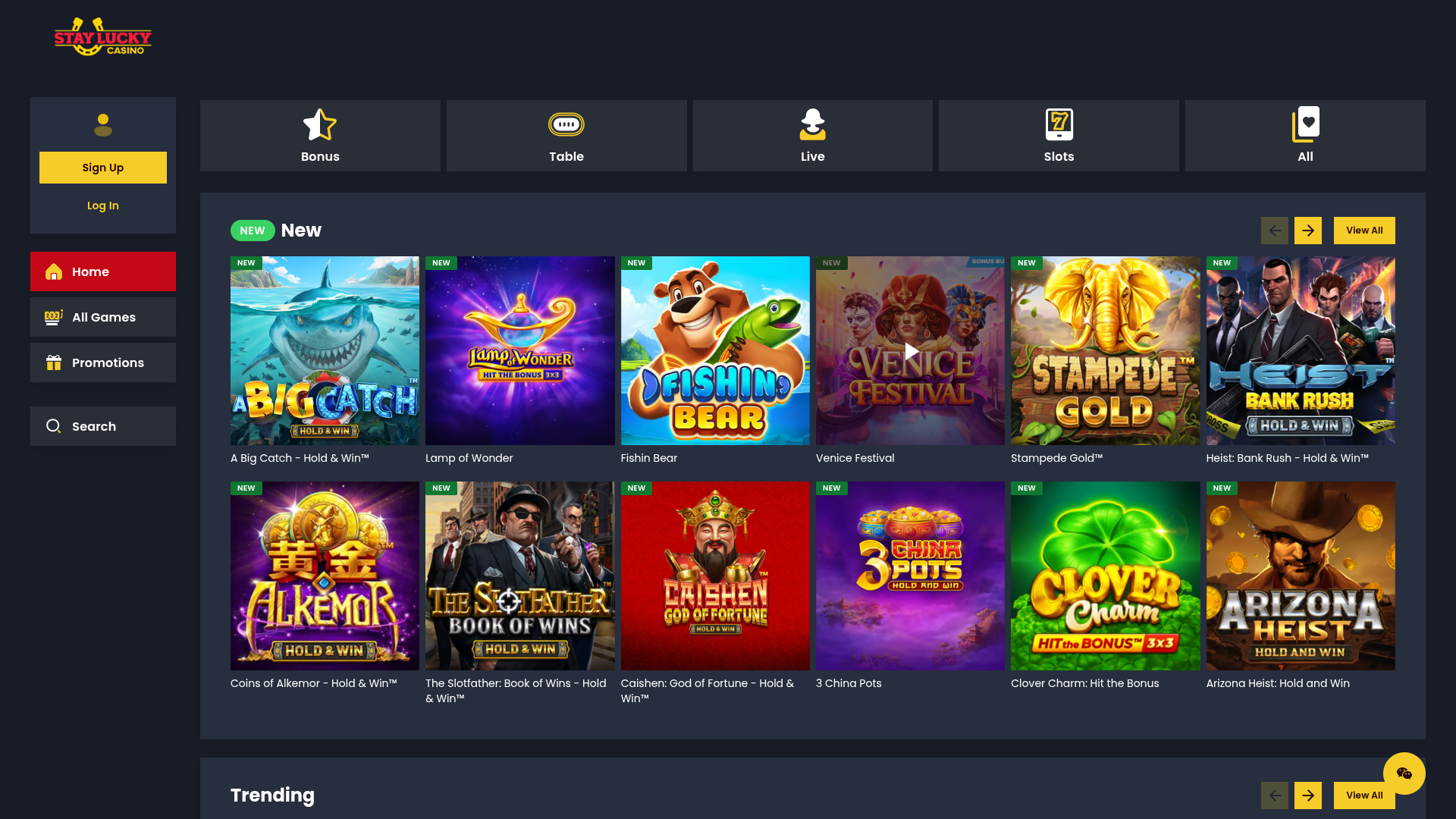 Stay Lucky Casino Homepage Desktop
