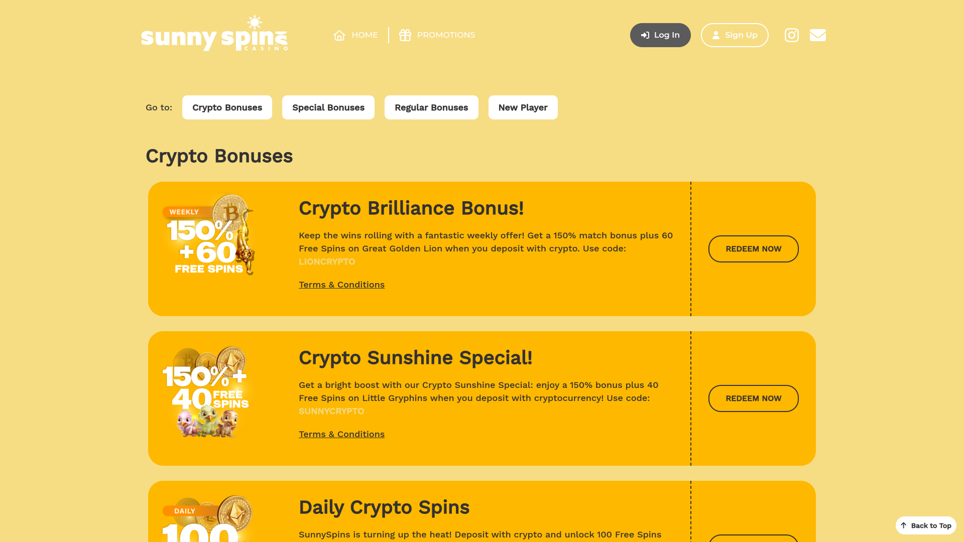 Sunnyspins Casino Desktop Promotions
