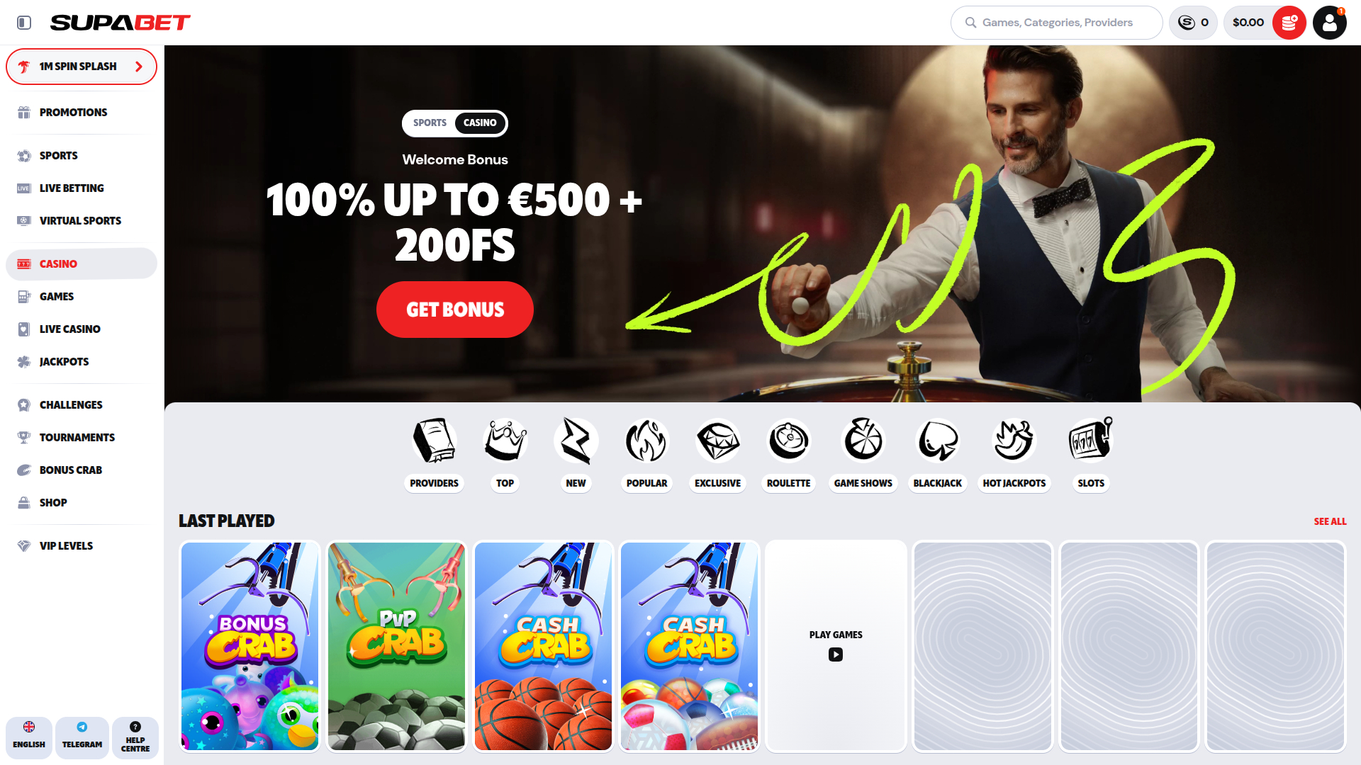 Supabet Casino Desktop Homepage