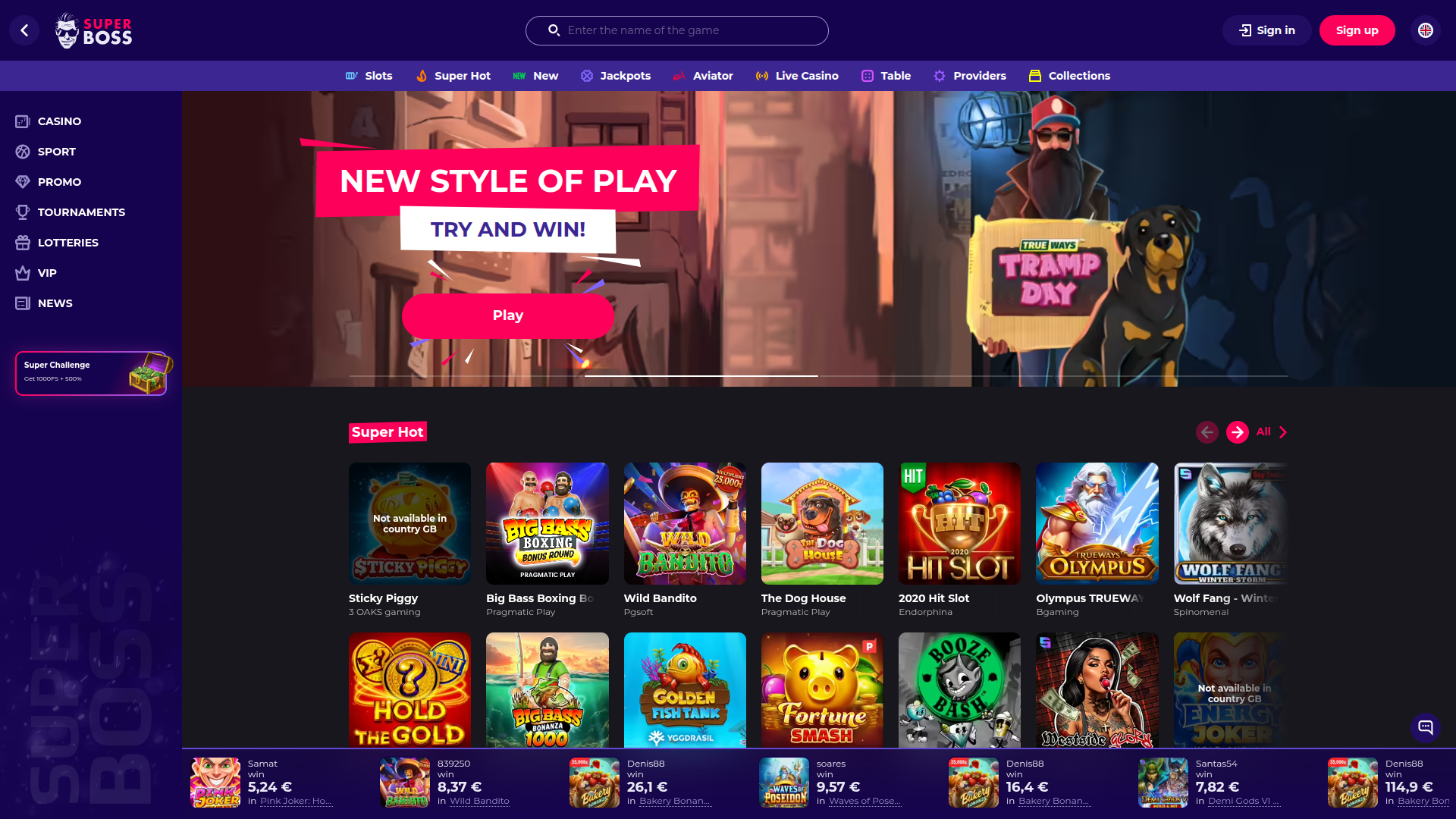 SuperBoss Casino Desktop Homepage