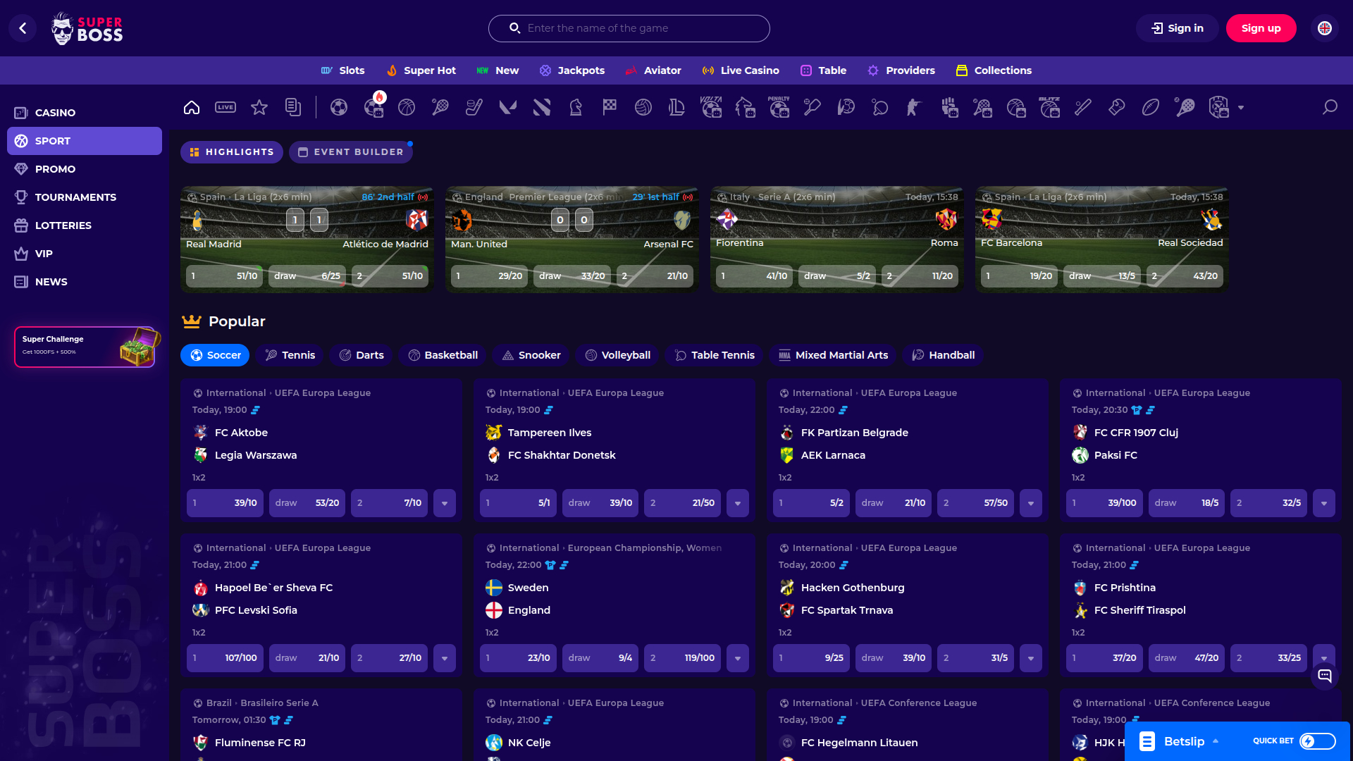 SuperBoss Casino Desktop Sport