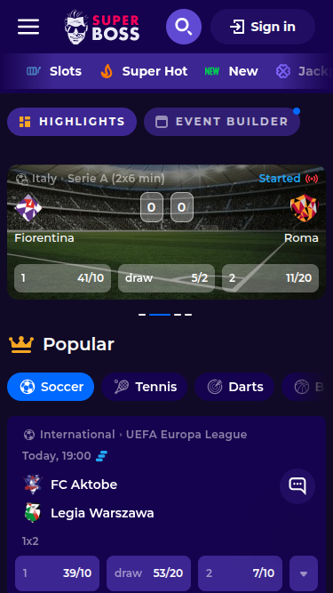 SuperBoss Casino Mobile Sport