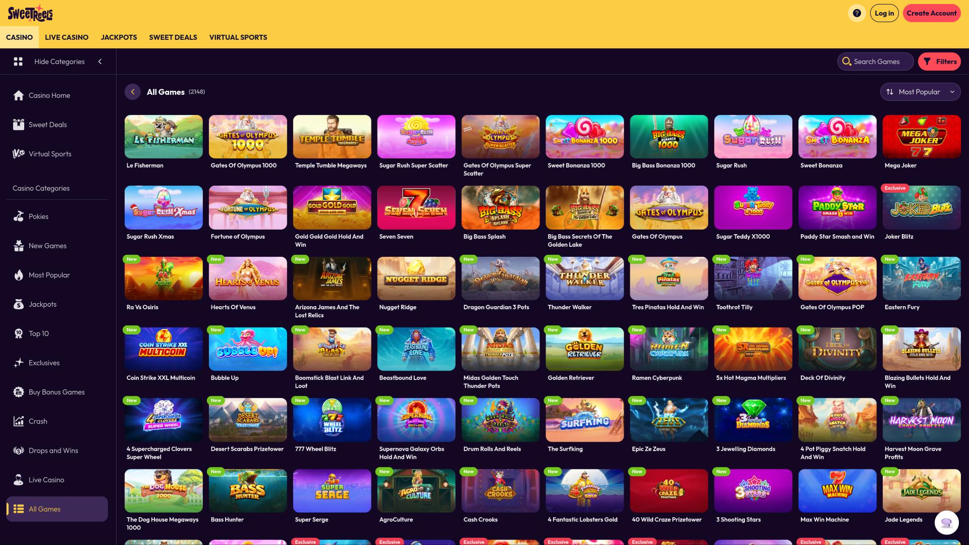 SweetReels Casino games page