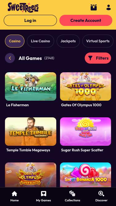 SweetReels Casino games mobile page