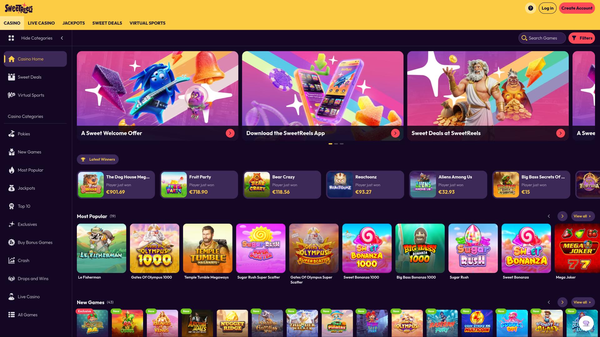 SweetReels Casino homepage