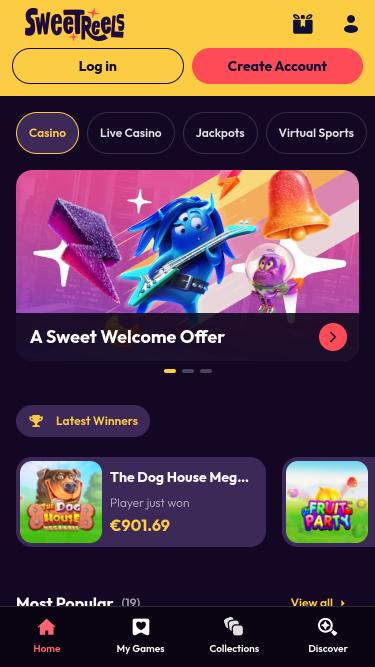 SweetReels Casino mobile homepage