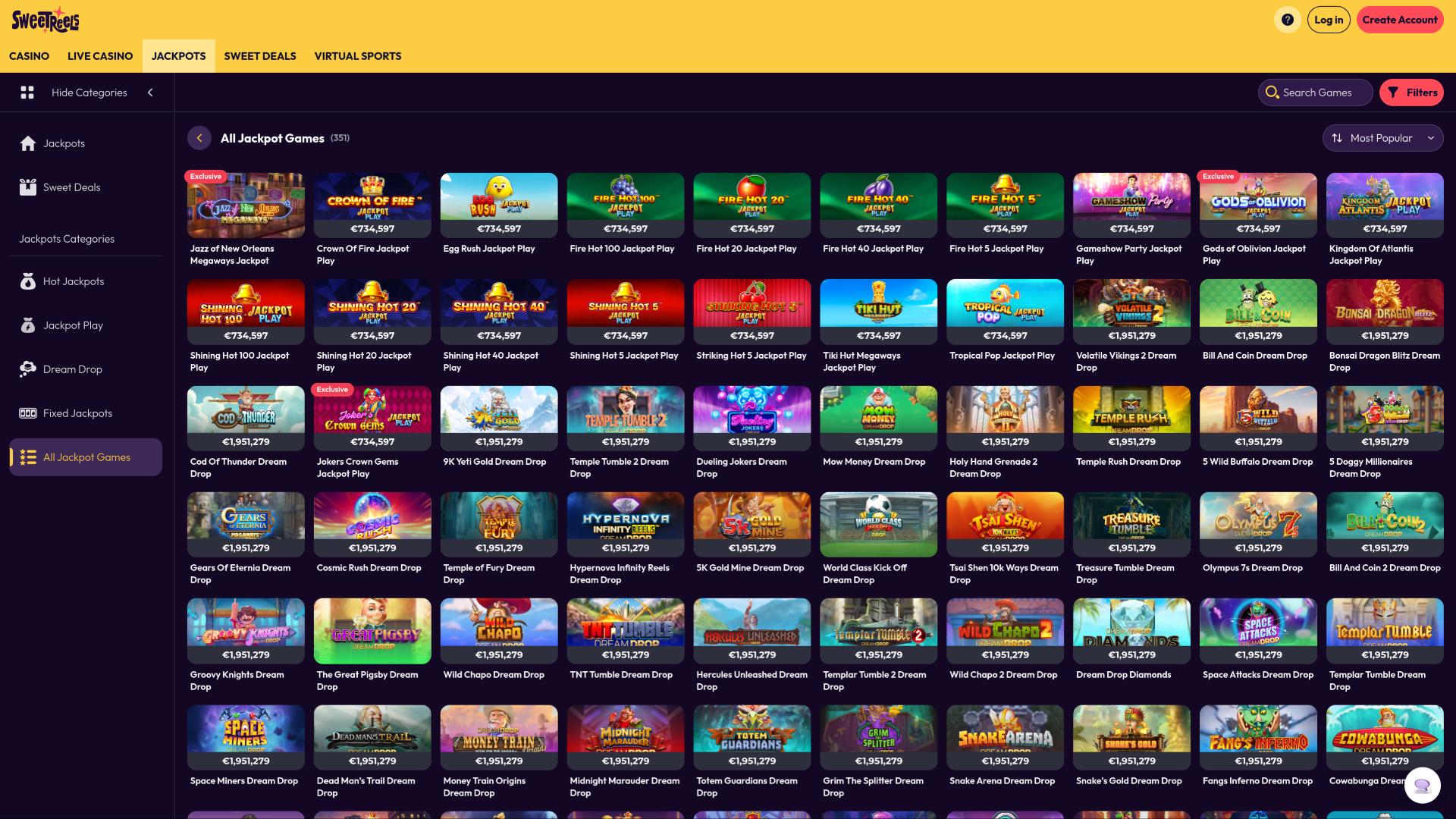 SweetReels Casino jackpot page
