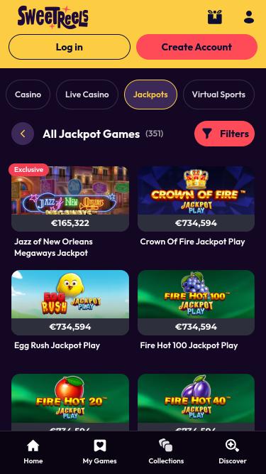 SweetReels Casino jackpot mobile page