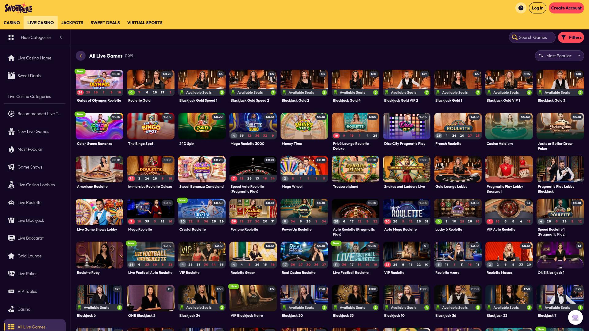 SweetReels Casino live dealer page