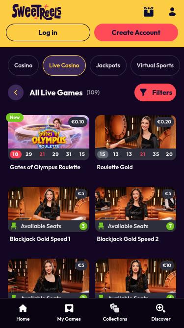 SweetReels Casino live dealer mobile page