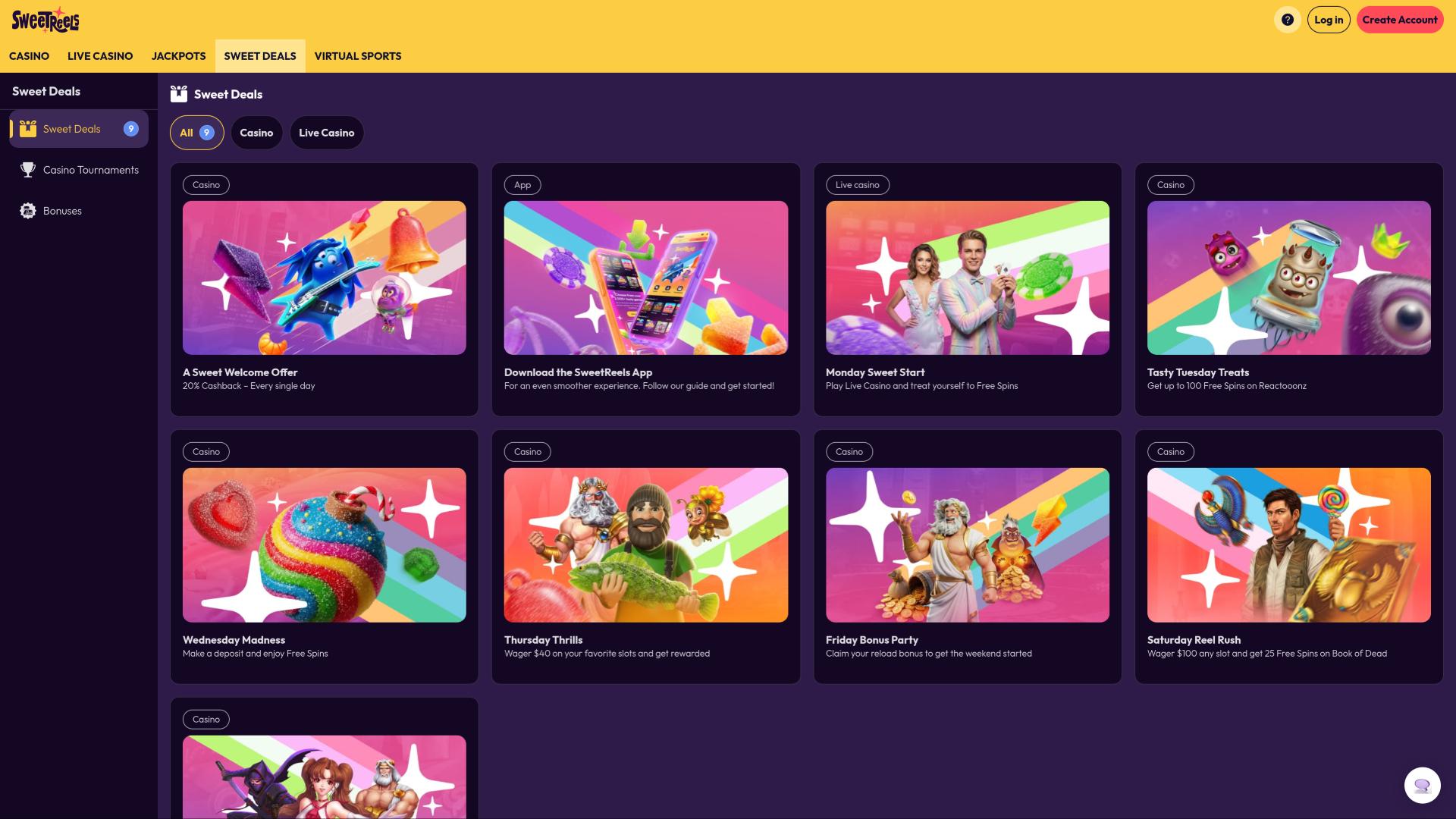 SweetReels Casino promotions page