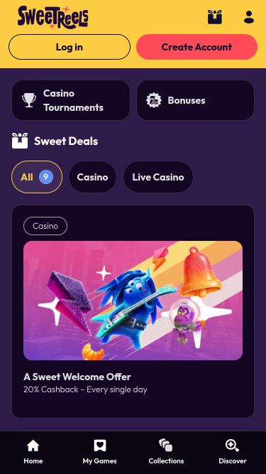 SweetReels Casino promotions mobile page