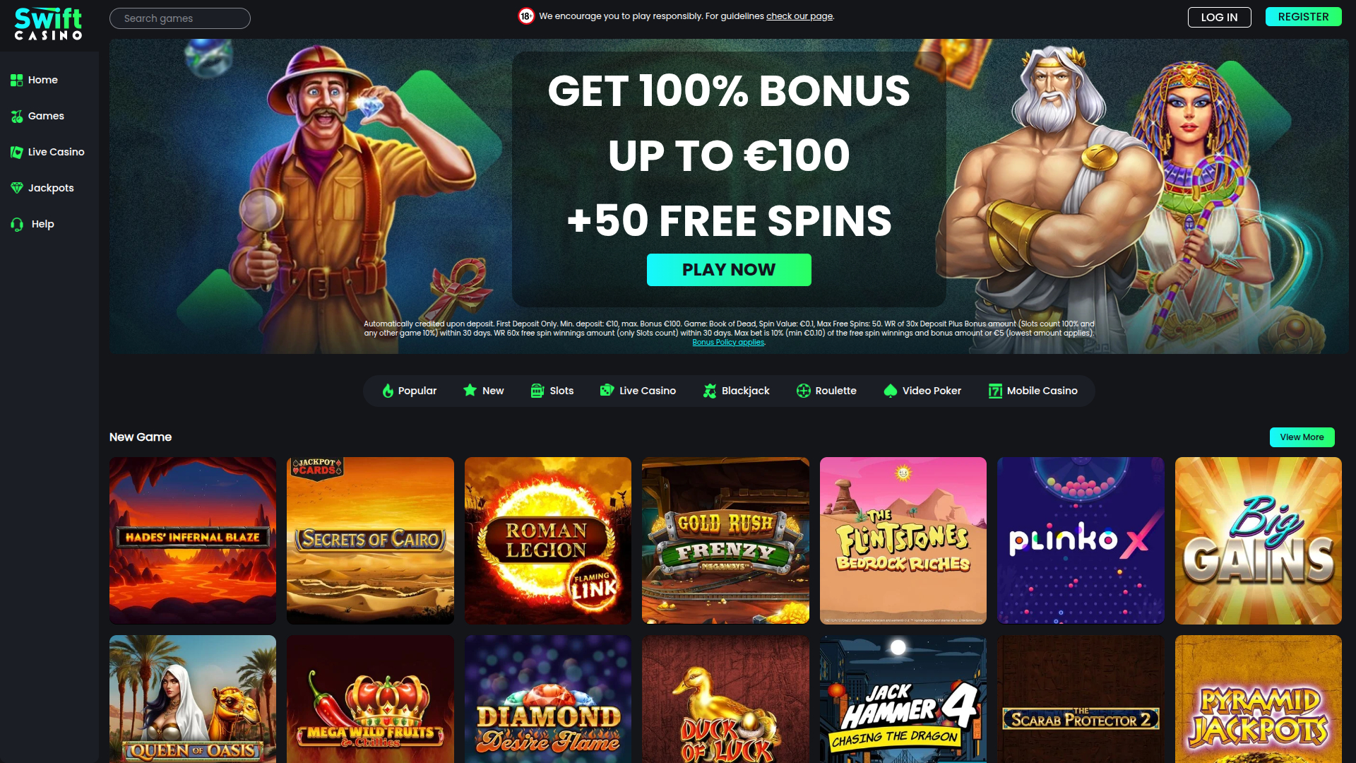 Swift Casino Desktop Homepage