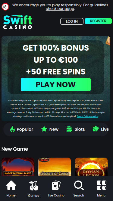 Swift Casino Mobile Homepage
