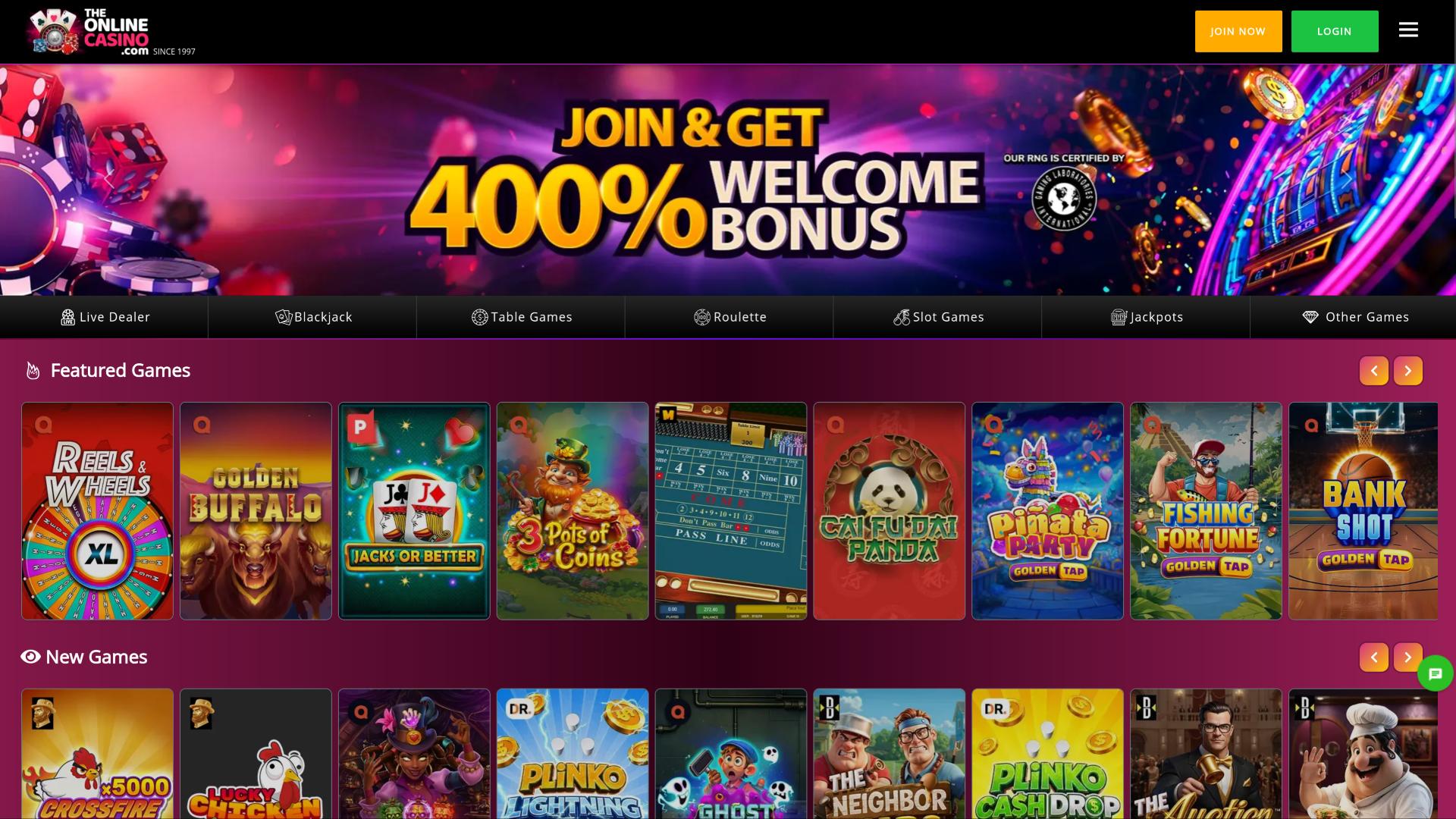 TheOnlineCasino homepage