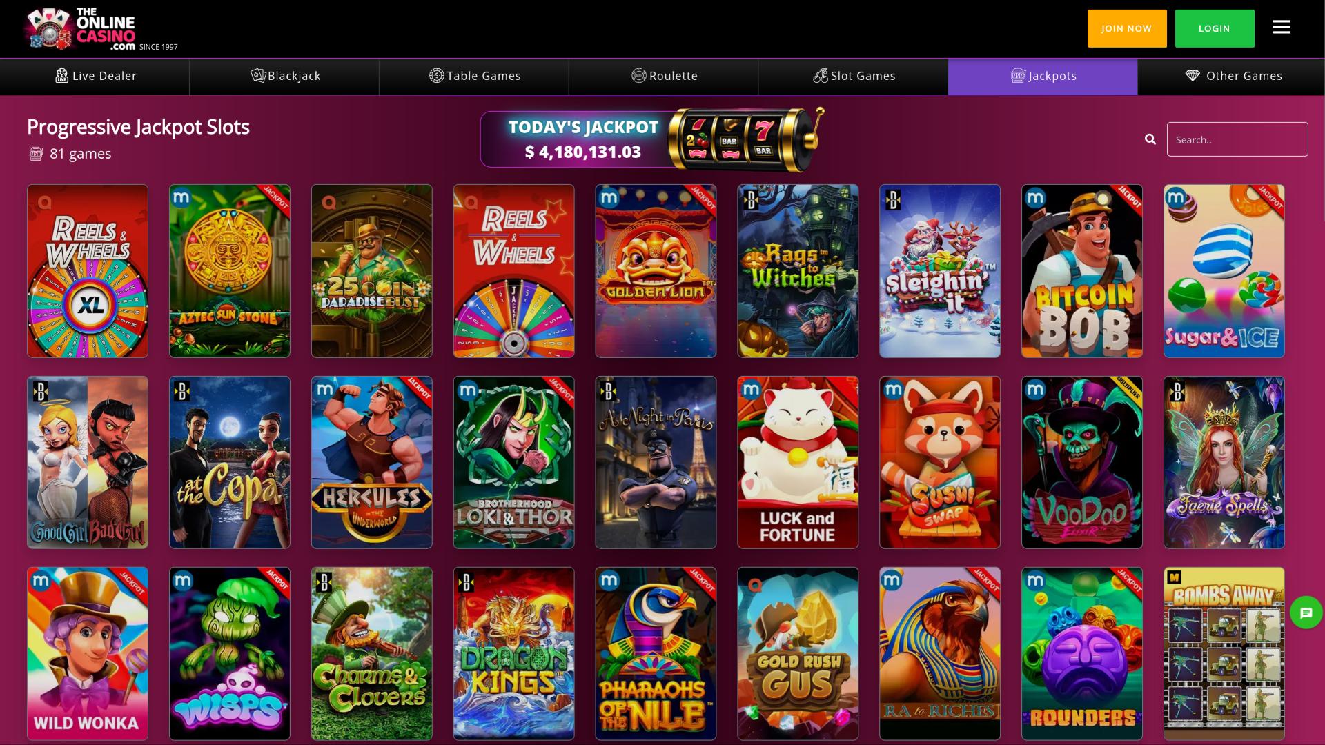 TheOnlineCasino jackpot page