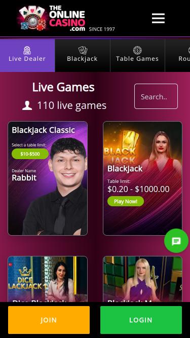 TheOnlineCasino live dealer mobile page
