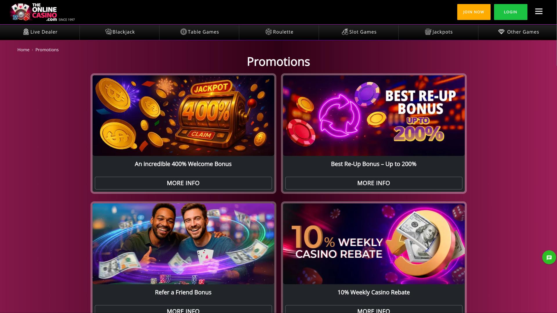 TheOnlineCasino promotions page