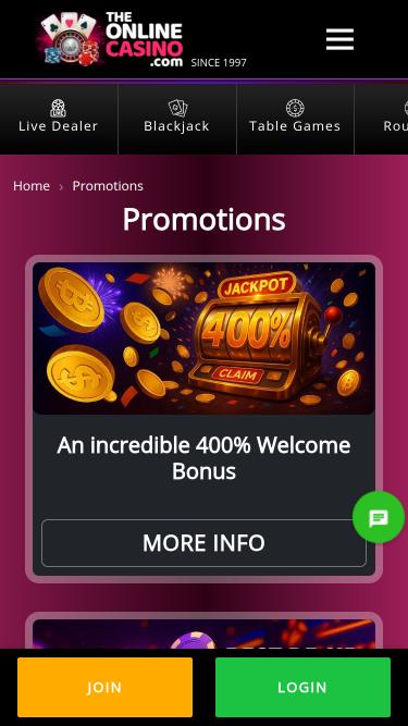 TheOnlineCasino promotions mobile page