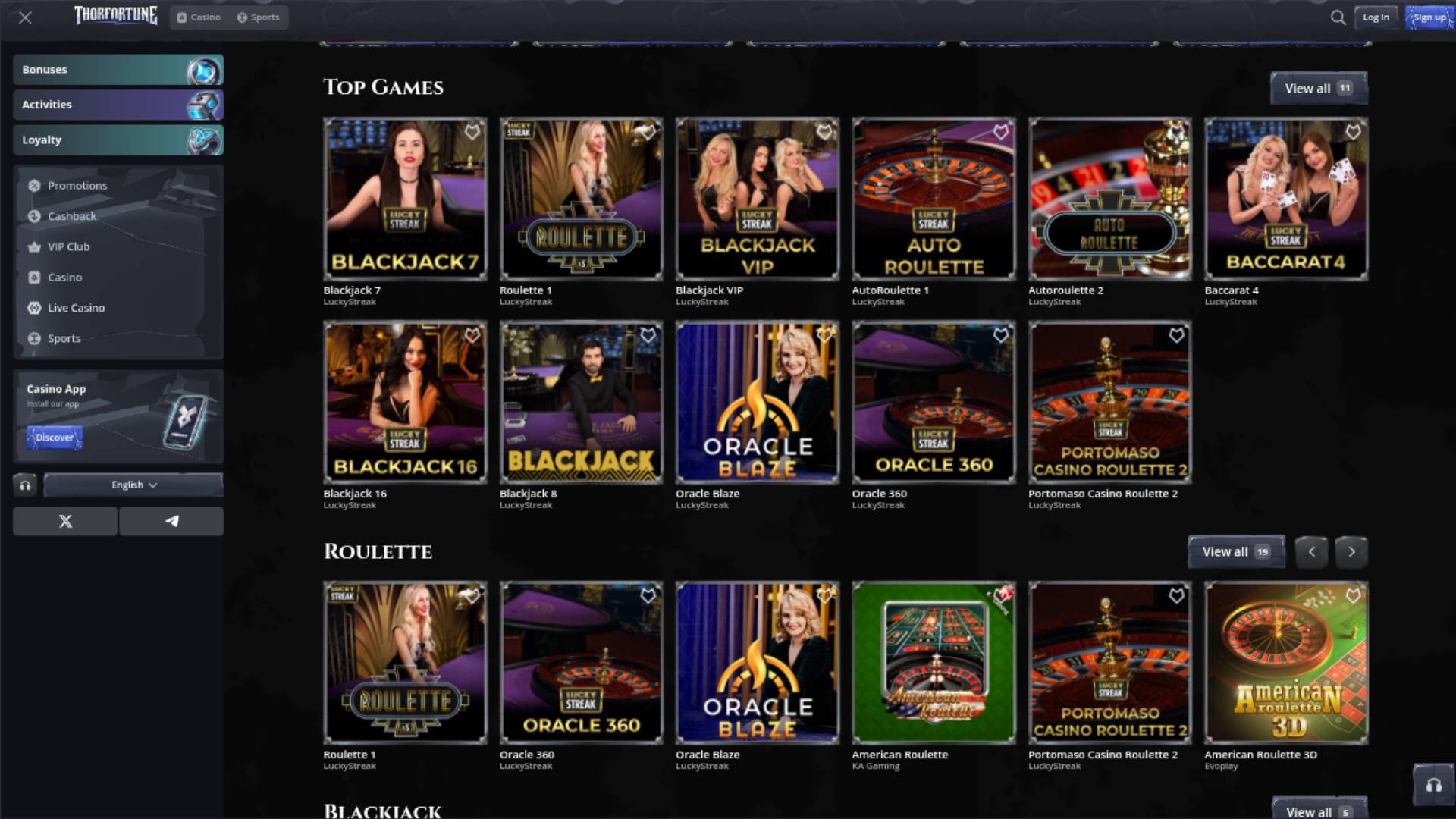 Live page screenshot of Thorfortune Casino
