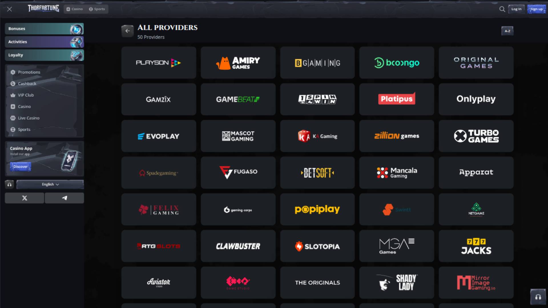 Providers page screenshot of Thorfortune Casino