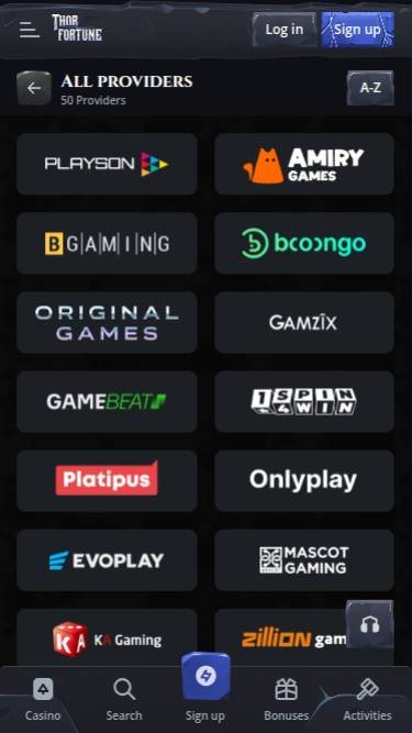 Providers mobile page screenshot of Thorfortune Casino