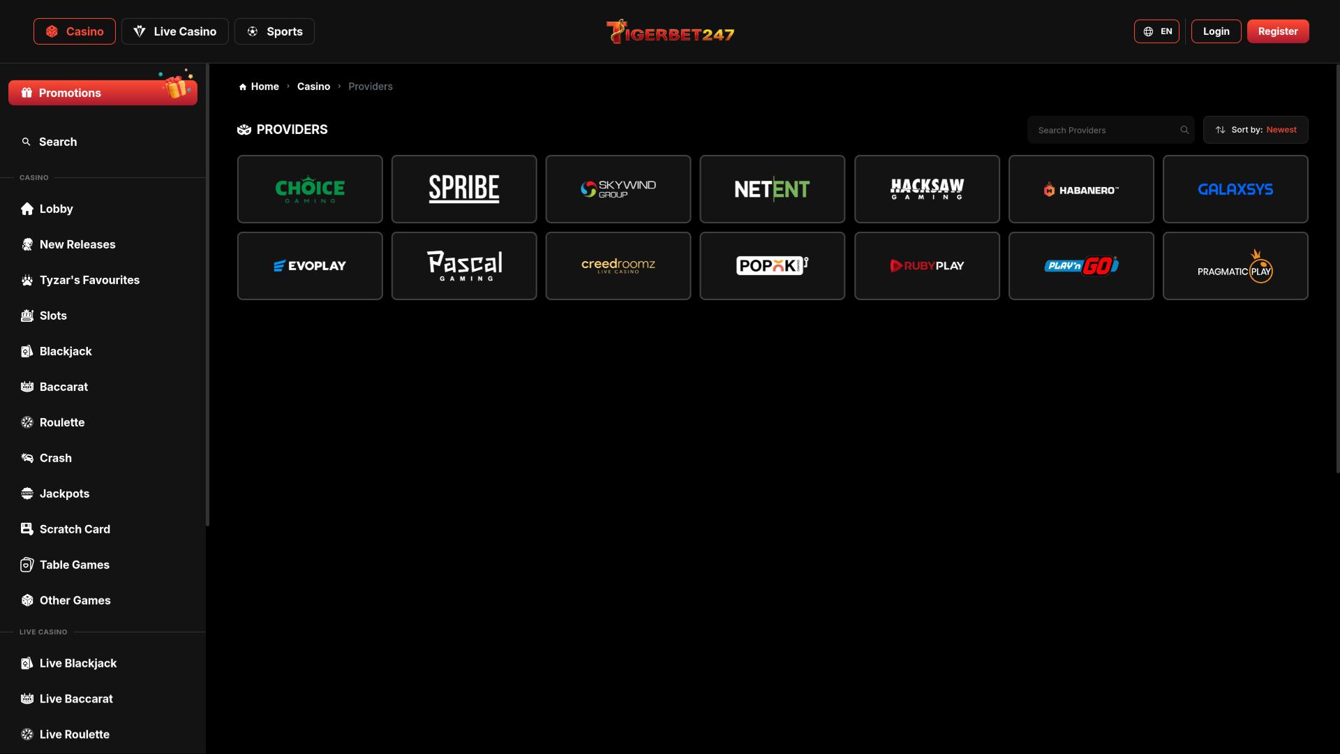 TigerBet247 Casino game developers page