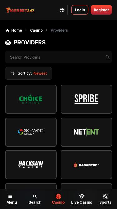 TigerBet247 Casino game developers mobile page