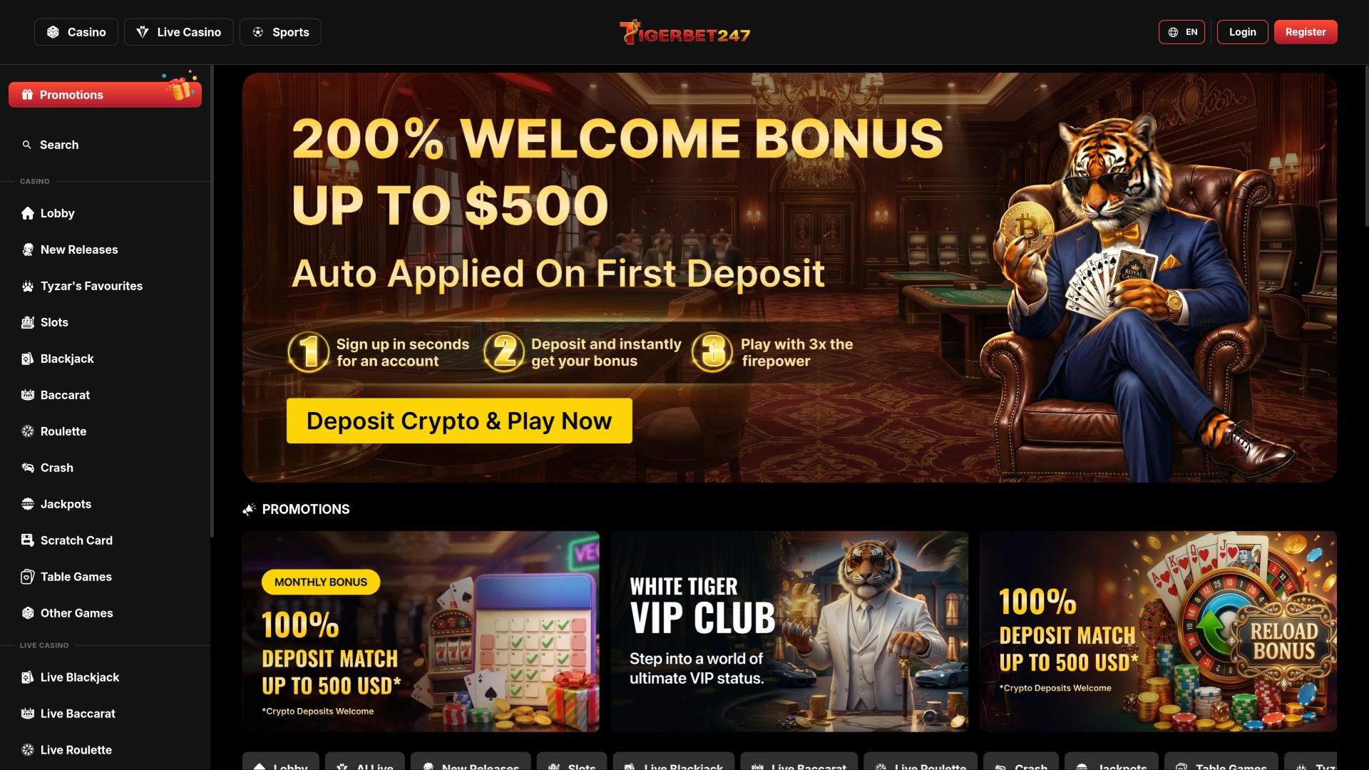 TigerBet247 Casino homepage