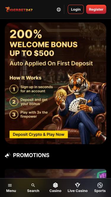 TigerBet247 Casino mobile homepage
