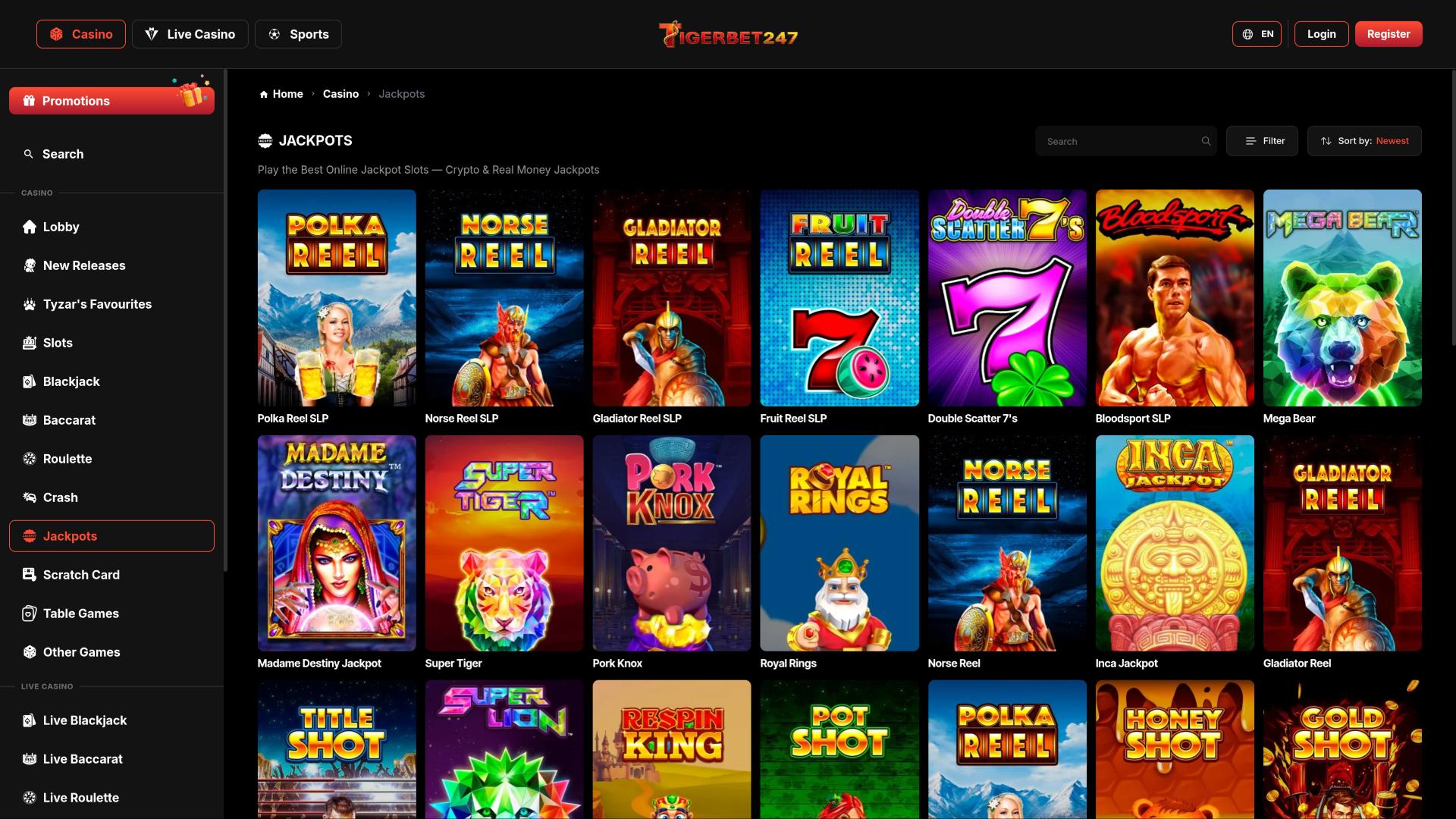 TigerBet247 Casino jackpot page